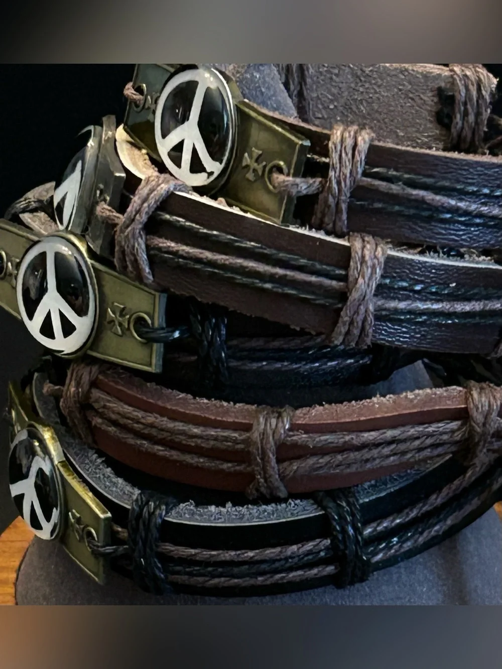 Men's Brown or Black Leather Peace Sign Adjustable Bracelet wAntique Metal Plate